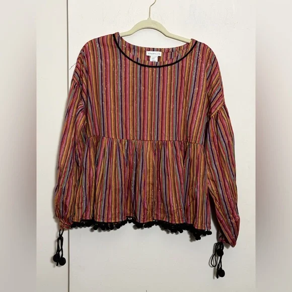 Amaryllis Womens Striped Tassle Pom Pom Boho Colorful CottonTop Size M NWOT - Picture 1 of 8